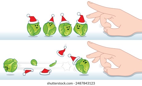 Before and After Action of a Group of happy Green Brussel Sprouts wearing Santa Hats being Flicked by a Finger