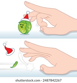 Before and After Action of a Happy Green Brussel Sprout with Santa Hat being Flicked by a Finger

