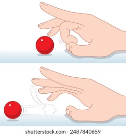 Antes y después de la acción de una bola roja siendo parpadeada por un dedo