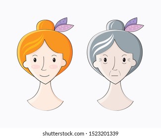 Before and after the aging process. Conceptual illustration of a young and old woman. Process of aging and rejuvenation. Life aging, face of woman at different ages. Vector illustration.