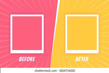 Before and after background template. Two color retro background with halftone corners and frames for comparison. Vector illustration.