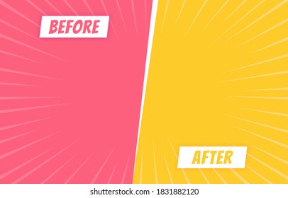 Before and after background template. Two color retro background with halftone corners for comparison. Vector illustration.