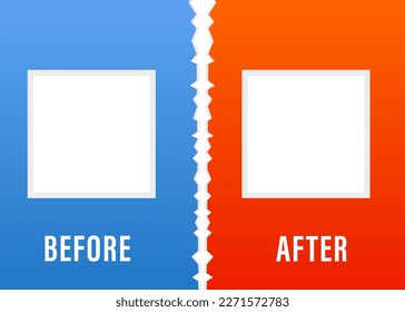 Before and after background template. Two colors with halftone corners and frames for comparison. Template background before and after. Comparison card with copy space. Vector illustration