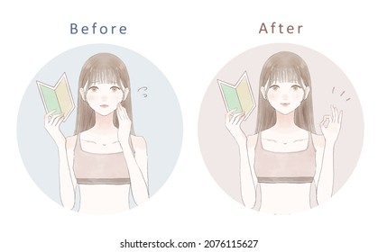 Before and after of a beginner woman in sportswear. On white background.