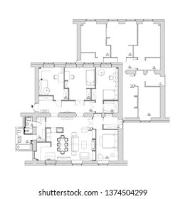 Before and after blueprints. Two plans of apartment. Drawing of flat with empty rooms and flat with furniture placement. Interior design concept.
