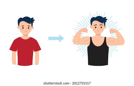 Before after body transformation. Fit man showing his muscle. Flat vector cartoon design