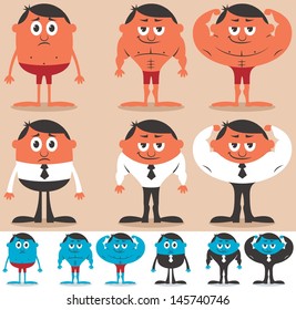 Before and After: Cartoon character before and after getting fit. Character is in 4 different color versions. No transparency and gradients used. 