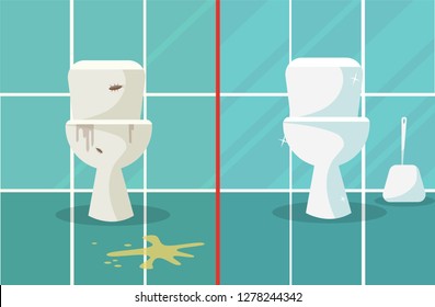 Before and After Cleaning.Dirty and clean toilets composition representing two lavatory bowls before after applying toilet bowl cleaner. Concept for cleaning companies.Flat cartoon vector illustration