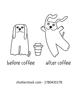 Before and after coffee. Funny illustration. Graphic design for greeting card, t shirt, print, stickers, posters design.