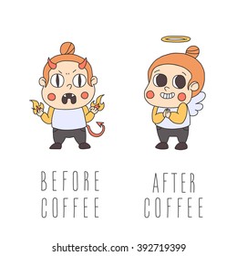 Before and after coffee girl illustration. Cute naive style.