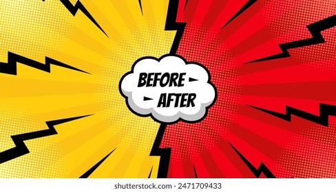 Before and after comic background template. Two color retro background with halftone corners for comparison. Vector illustration.