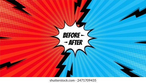 Before and after comic background template. Two color retro background with halftone corners for comparison. Vector illustration.