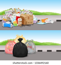 before and after in concept cleaning waste separation, garbage bags plastic waste for challenge background banner, garbage waste plastic and at walkway, trash waste in challenge eco change concept