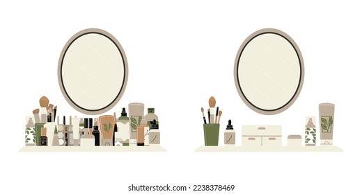Before and after decluttering make up, skincare and hair care products. Hand drawn vector illustration. 