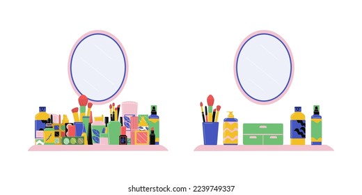 Before and after decluttering make up, skincare and hair care products. Hand drawn vector illustration. 