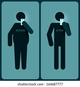 Before and after a diet, silhouette of man, vector image. 