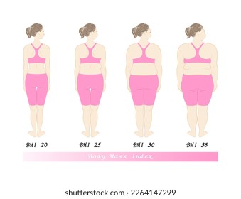 Antes y después de la dieta. Cambio de forma corporal por índice de masa corporal. Vista posterior femenina. Ilustración. Vector.
