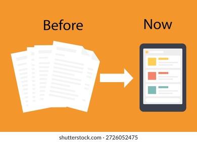 Antes y después de la transformación digital de documentos en papel a la Ilustración vectorial de la interfaz móvil