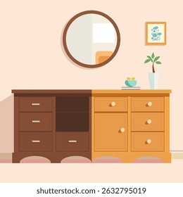Before and after of a dresser and mirror for an upcycle, decor or DIY project against a wall in the living room at home. Second hand furniture for interior design of a sustainable and zero waste house