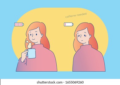 Before and after, drink coffee. Woman is feeling happiness with a cup coffee after working day. Cartoon vector illustration.