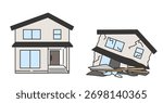 Before and after earthquake illustration of collapsed and intact house