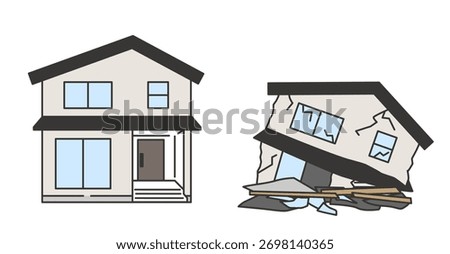 Before and after earthquake illustration of collapsed and intact house