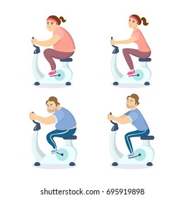 Before and after exercising on the gym bicycle. Man and woman loose weights.