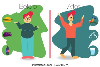 Before and after. Fat man with bad habits and thin man with healthy life style. Vector illustration.