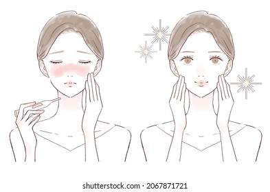 Before and after of a fevered woman. On white background.
