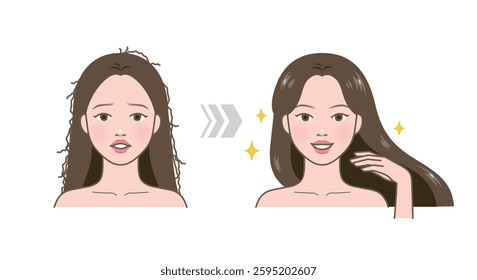 Before and after of frizzy damaged versus shiny healthy hair. Woman character of hair problem and smooth hair. Hair texture restoration.