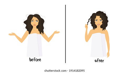 Before and after hair care concept. Young beautiful curly girl before and after hair styling. Shaggy woman and combed hair. Vector in cartoon style.