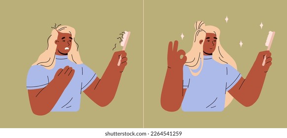 Before and after hair transplantation and alopecia treatment, flat vector illustration. Sad and happy woman after hair loss treatment. Character growing healthy hair.