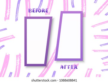 Before and After horizontal screen with brush lines decorations. Comparison banner with empty space. Template for graphic design. Vector illustration.