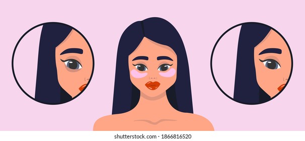 Antes y después de los parches de hidrogel en los ojos. Parches oculares de colágeno cosmético. Parches oculares rosas para belleza y cuidado de la piel. Cara femenina de belleza. Ilustración vectorial.