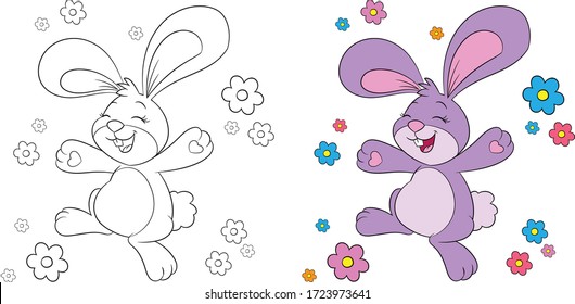 Before and after illustration of a cute little happy and cheerful rabbit, surrounded by flowers, in color and black and white, perfect for children`s coloring book or Easter card