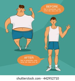 Before and after losing weight illustration. Overweight and normal cartoon characters. Image for sport, diet, health, fat lose and other articles. Vector 10 EPS layout