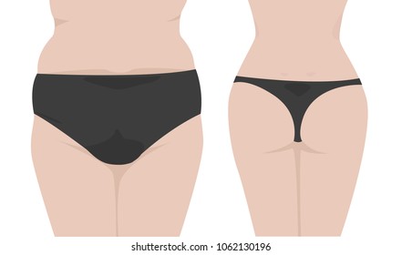 Before and after losing weight. The woman is fat and slender. Illustration of diet, fitness. Vector object.
