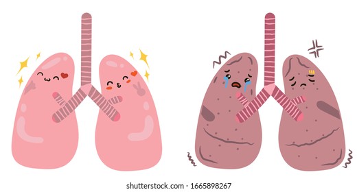 Antes y después de los pulmones, concepto de medicina. Atención médica con cara de garabato