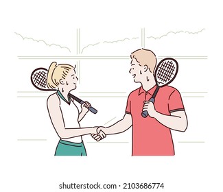 Before Or After Macth, Handshake At Tennis Court. Hand Drawn Style Vector Design Illustrations.