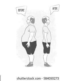 before and after . Man weight loss. Black-white