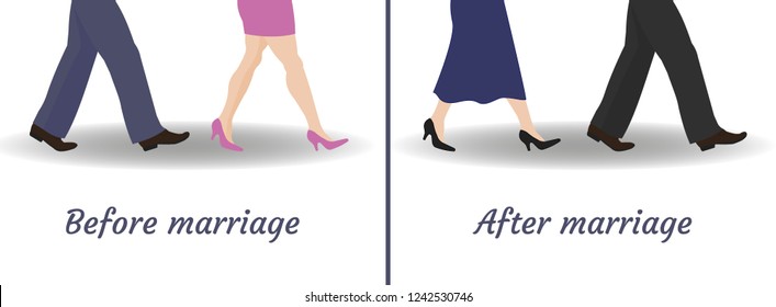 Before and after marriage. Humoristic, funny concept of relationship between man and woman. Vector illustration.