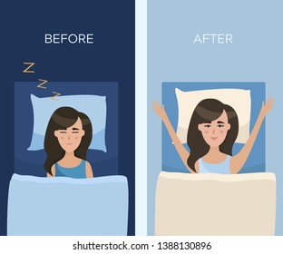 Before and after melatonin and good sleeping vector illustration. Girl have a good night and morning