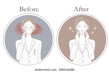 Before and after of middle-aged female doctors suffering from friction and inflammation caused by wearing a mask.