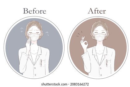 Antes y después de las doctoras de mediana edad que sufren de vapor por llevar una máscara.