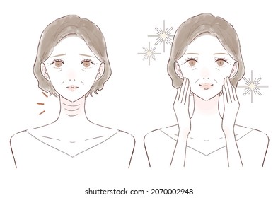 Before and after of a middle-aged woman suffering from wrinkles in the neck. On white background.