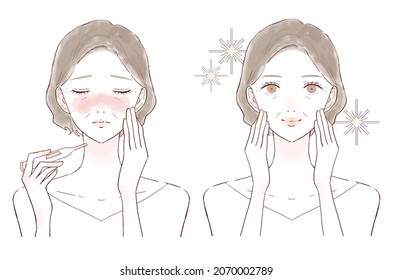 Before and after of a middle-aged woman who has a fever. On white background.