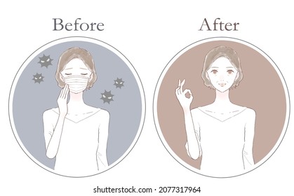 Before and after of a middle-aged woman who got sick. On white background.
