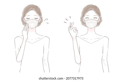 Before and after of a middle-aged woman who got sick. On white background.