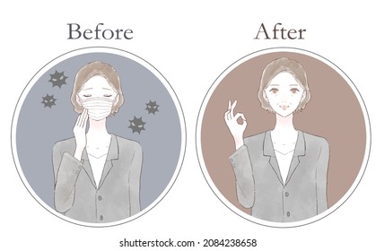 Before and after of middle-aged women infected with the virus. On white background.
