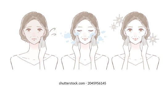 Before and after of middle-aged women suffering from dull skin. On white background.